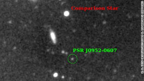 Astronomers observed a faint star (green circle) that had stripped an invisible neutron star of all its mass.  A hollow star is much lighter and smaller compared to a normal (superior) star.